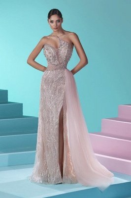 Stunning One Shoulder Lace Beadings Mermaid Prom Dress with Sweep Train