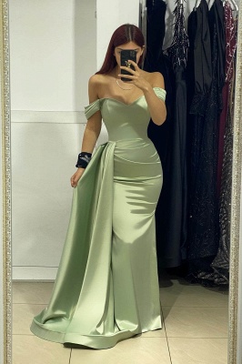 Charming Off-the-Shoulder Sage Satin Mermaid Evening Dress with Sweep Train