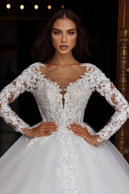 Long Sleeves A-line Wedding Dresses Tulle Lace Appliques Bridal Dress