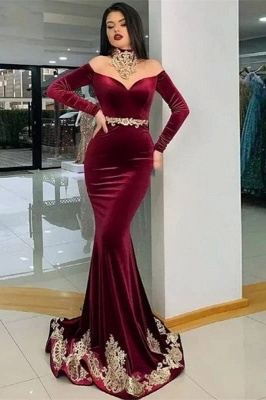 Stunning Burgundy Velvet Bodycon Party Dress Long Sleeves Mermaid Prom Dress with Gold Appliques