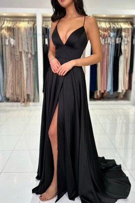 Simple Black Evening Dress V-Neck Side Slit Party Dress with Spaghetti Straps