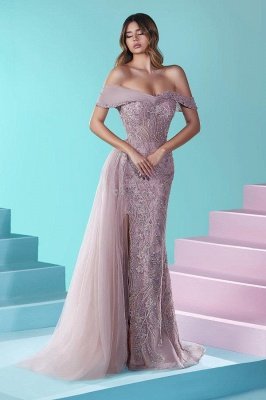 Off-the-Shoulder Beadings Lace Mermaid Evening Dress Side Slit Long Prom Dress with Tulle Train