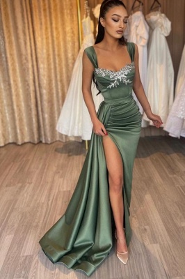 Stunning Dark Green Ruched Satin Mermaid Prom Dress Side Slit Sweetheart Formal Dress