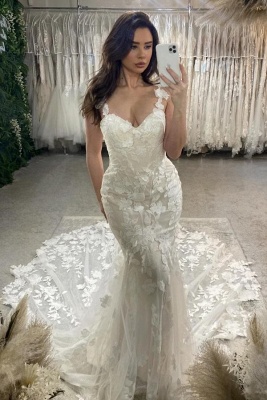 Gorgeous Sweetheart Tulle Lace Mermaid Wedding Dresses with Floral Appliques_1