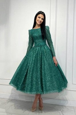 Shiny Sequins Long Sleeves A-line Formal Dress Ankle Length Special Occasion Dress