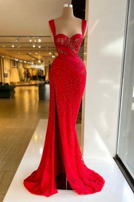Charming Sweetheart Red Mermaid Prom Dress Strapes Crystals Floor Length Evening Dress