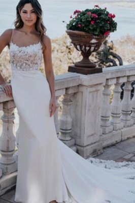 Beautiful Spaghetti Straps Floral Lace Mermaid Wedding Dresses Sleeveless with Appliques