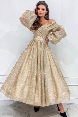 Long Sleeves Ruffle Tea Length Evening Dress Glitter Aline Party Ｗear Dress