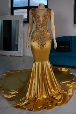 Charming Sleeveless Gold Mermaid Prom Dress Crystals Satin Long Party Dress