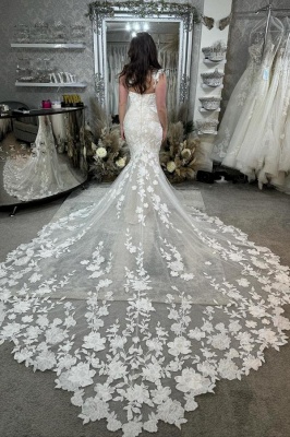 Gorgeous Sweetheart Tulle Lace Mermaid Wedding Dresses with Floral Appliques_2