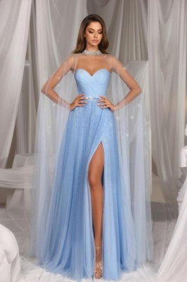 Stylish Sky Blue Sweetheart Glitter Aline Evening Dress with Side Slit with Shawl