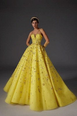 Glamorous Yellow Aline Evening Dress Sequins Satin Special Occasion Dress with Straps