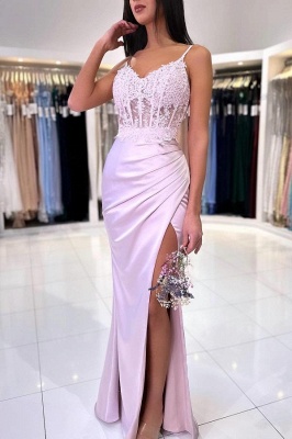 Simple Satin Side Slit Mermaid Prom Dress Lace Appliques Sleeveless Special Occasion Dress
