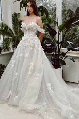 Beautiful Off-the-Shoulder White Tulle A-line Wedding Dresses with Lace Appliques