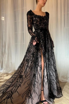 Crew Neck Lace Black A-line Wedding Dress with Sleeves Glitter Floor Length Bridal Dress