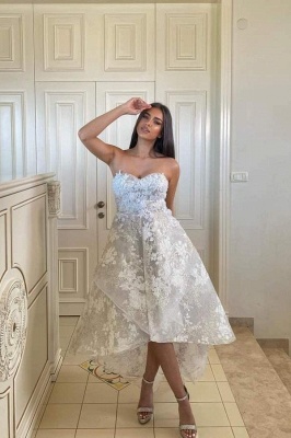 Sweetheart White Lace Tulle Asymmetrical Dress for Wedding Sleeveless Ho-Lo Bridal Dress
