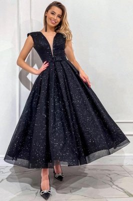 Glitter Sleeveless Black Sequins Ankle Length Evening Dress