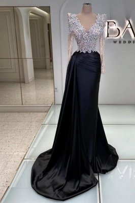 Luxury V-Neck Glitter Sequins Satin Evening Dresses with Sleeves