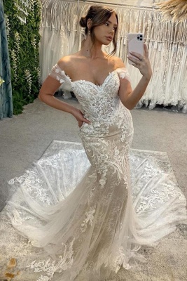 Gorgeous Off-the-Shoulder Tulle Lace Mermaid Wedding Dress with Appliques