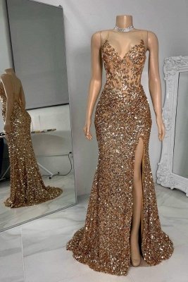 Charming Sleeveless Glitter Sequins Mermaid Prom Dress Spaghetti Straps V-Neck Side Split Party Wear Dress