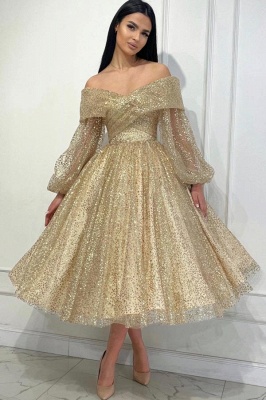 Off-the-Shoulder Long Sleeves Glitter Sequins Champagne Ankle Length Party Dress