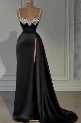 Alluring Black Side Slit Evening Dress with Crystals Straps