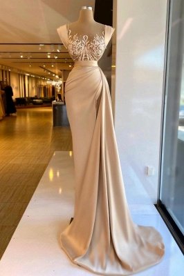 Sleeveless Champagne Satin Long Evening Dress Side Slit with Sweep Train