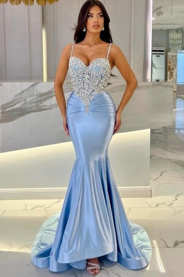 Charming Spaghetti Straps Crystals Mermaid Prom Dress Ruched Satin Bodycon Party Dress