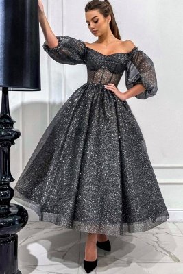 Puffy Sleeves Glitter Ankle Length Black Special Occasion Dress
