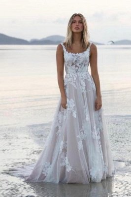 White Tulle Lace Wedding Dresses A-line Simple Bridal Dress with Appliques