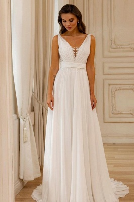 Elegant Cjiffon Aline Wedding Dress Sleeveless Floral Lace V-neck Floor Length Bridal Dress