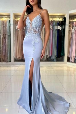 Spaghetti Straps Satin Lace Mermaid Prom Dresses with Appliques