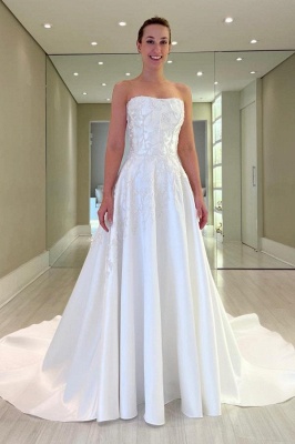 Strapless Satin Floral Lace Wedding Dresses Aline Floor Length Bridal Dress