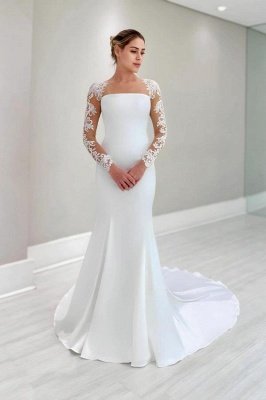 Elegant White Satin Long Wedding Dress with Floral Lace Sleeves