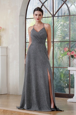 Halter Glitter Side Slit Prom Dress V-neck Long Prom Dress with Pocket
