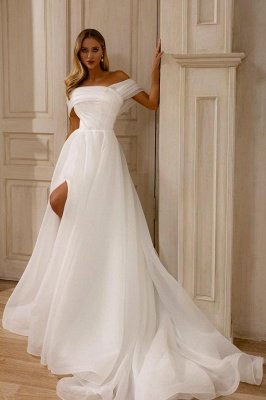 Beautiful Off-the-Shoulder White Organza A-line Wedding Dresses with Front Slit