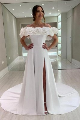 Off Shoulder Wedding Dresses Elegant Satin Bridal Gown Side Slit with 3D Flowers