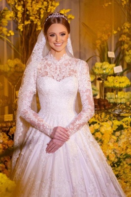 Romantic High Neck Floral Lace A-line Wedding Dresses with Sleeves