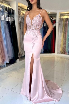 Charming Pink Floral Lace Bodycon Prom Dress Side Slit Satin Long Evening Dress with Straps