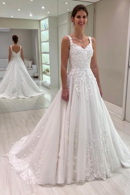 Sweetheart White Tulle Lace A-line Wedding Dresses Sleeveless Appliques Bridal Dress