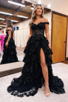 Black Off-the-Shoulder Lace Evening Dress Front Slit with Appliques