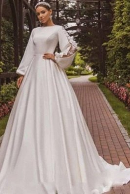 Modest A Line Wedding Dresses Long Sleeves Satin Embroidered Wedding Gowns Plus Size