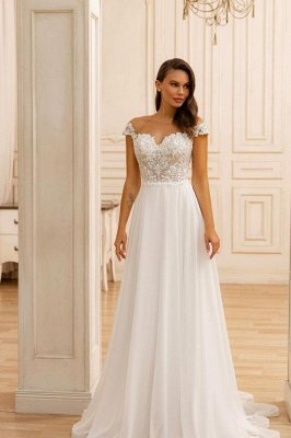 White Off Shoulder Lace Wedding Dress Aline Chiffon Floor Length Dress