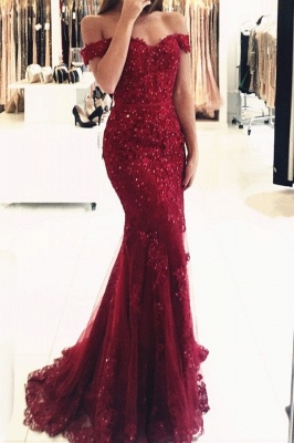 Appliques Off-the-shoulder Red Lace Gorgeous Mermaid Evening Dress UK_5