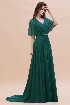 Elegant Puffy Sleeves Dark Green Long Bridesmaid Dress V-neck Chiffon Wedding Guest Dress_5
