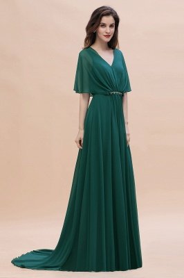 Elegant Puffy Sleeves Dark Green Long Bridesmaid Dress V-neck Chiffon Wedding Guest Dress_7