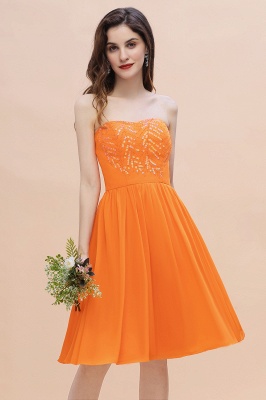 Pretty Strapless Orange Short Bridesmaid Dresses Knee Length Wedding Party Dress_9
