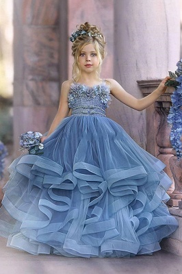 Spaghetti Straps Blue Ruffles Puffy Princess Flower Girl Dresses_1