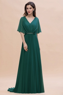 Elegant Puffy Sleeves Dark Green Long Bridesmaid Dress V-neck Chiffon Wedding Guest Dress_4