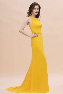 Jewel Neck Mermaid Bridesmaid Dress Yellow Lace Chiffon Long Wedding Party Dress_4